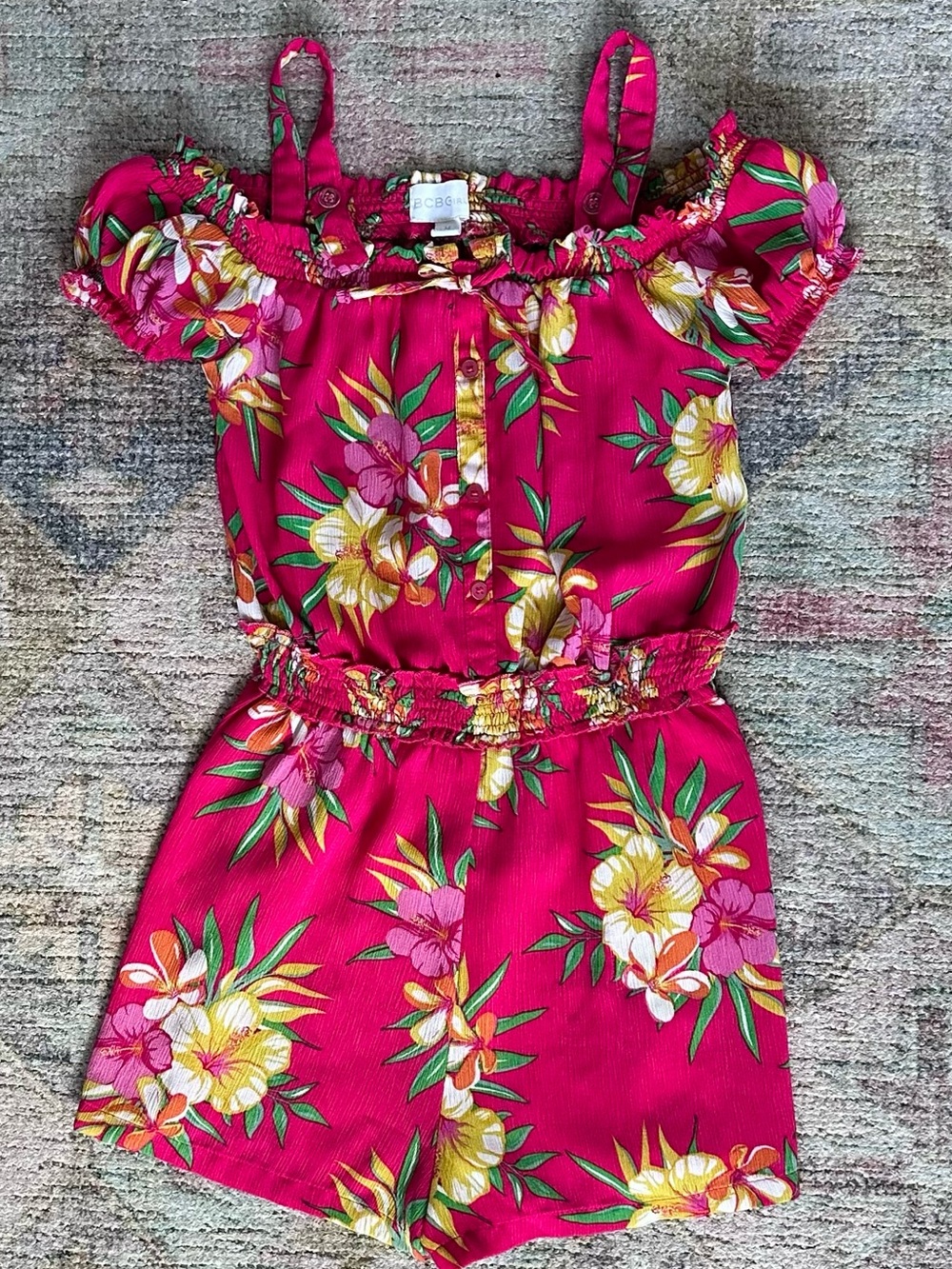 BCBGirls Pink Floral Off-Shoulder Romper